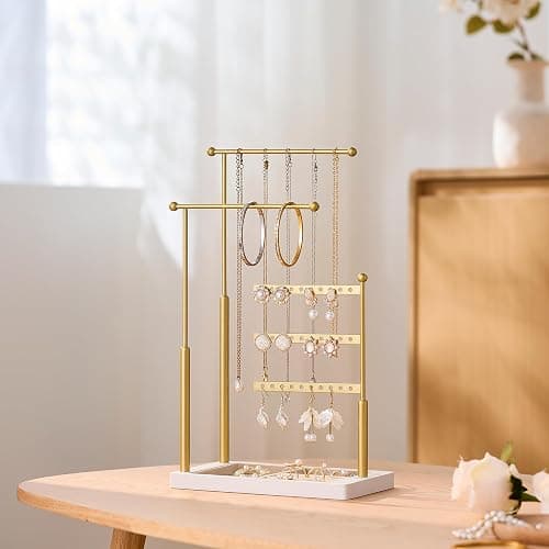 pickpiff Jewelry Organizer Holder Stand: 3 Tier Jewelry Storage Display for Necklace, Bracelet, Earring, Ring, White & Gold thumbnail 5
