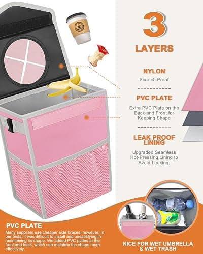 Pritent Car Trash Can with Lid, Cute Leakproof Car Trash Garbage Bag Hanging Vehicle Trash Bin Small Portable Automotive Garbage Cans Organizer for Back/Front Seat(Trapezoid,Pink thumbnail 3