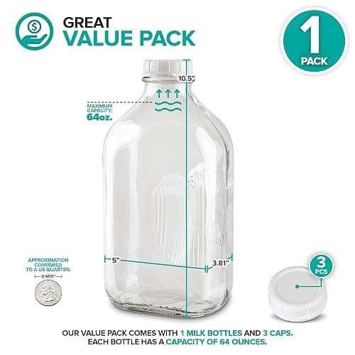 Stock Your Home Half Gallon Glass Bottle with Lid (1 Pack) 64 Oz Jugs and 3 White Caps, Reusable Food Grade Container for Refrigerator, Bottles for Juice, Oat or Plant Milks, Water, Honey thumbnail 2