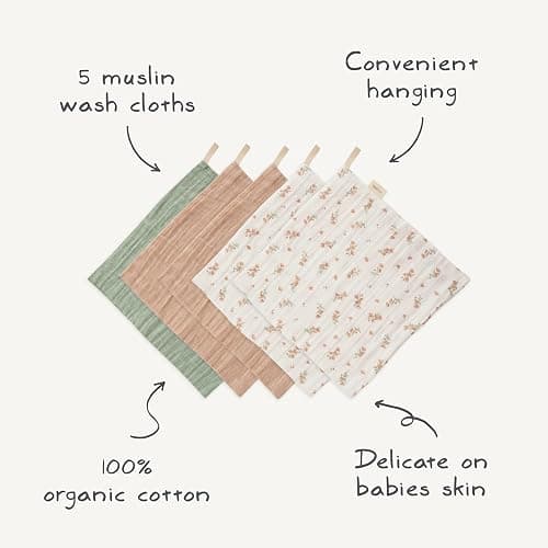 mushie Muslin Organic Cotton Washcloths 5-Pack (Pink Flowers Combo) | Soft Wipes for Baby Cleanups and Bathing thumbnail 4