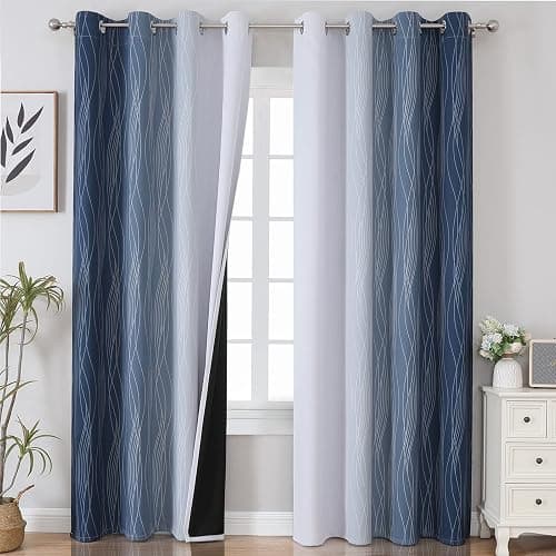 Estelar Textiler Navy Blue and Greyish White Blackout Curtains for Bedroom 84 Inches Long, Full Room Darkening Grommet Curtains for Living Room,Thermal Insulated Ombre Drapes,52Wx84L,2 Panels - Image 1