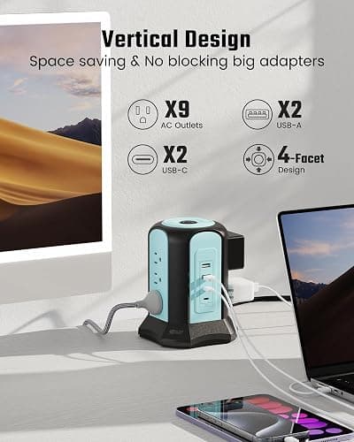 Power Strip Tower Surge Protector, SUPERDANNY Desktop Charging Station, 10 Ft Extension Cord, 9 Outlets, 4 USB Ports, 1080 Joules, 3-Prong, Grounded, Multiple Protections for Home, Office, Blue thumbnail 3