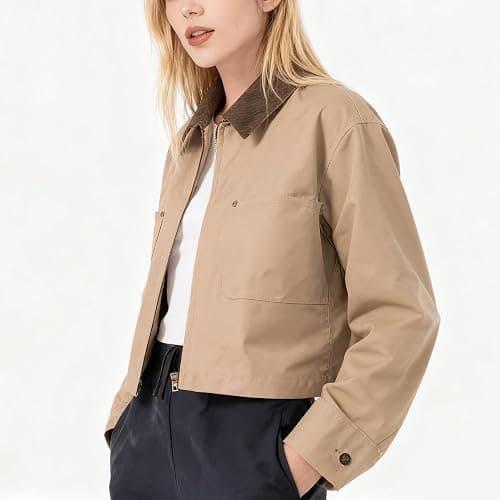 ⭐️⭐️⭐️ Zoziiee Womens Cropped Bomber Jacket Corduroy Collar Barn Coat Lightweight Utility Zip Up Cotton Canvas Workwear thumbnail 4