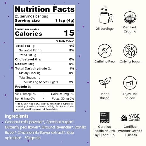 Blume Blue Lavender Superfood Latte Powder – Organic Lavender Tea Powder, Blue Spirulina, Blue Butterfly Pea Flower Tea, Chamomile, Coconut Milk - Caffeine Free, Vegan, 1g Sugar - 25 Servings thumbnail 2