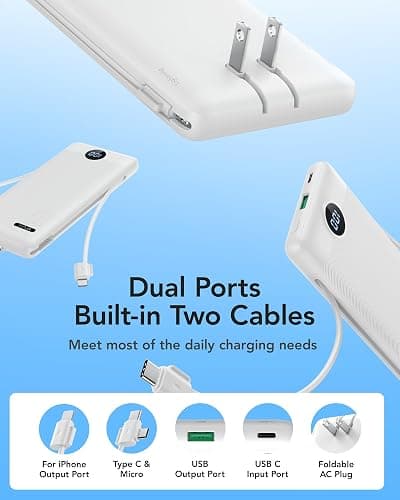 VRURC 10000mAh Portable Phone Charger, Built-in AC Plug & Cables, White | 22.5W fast charging, LED display, built-in Micro/USB-C/Phone cables, airline approved travel accessory,8 oz thumbnail 2