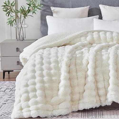 Serenhom 60x80 Inches Ultra-Soft Fuzzy Faux Fur Plush Twin Size Blanket - Thick, Warm Sherpa for Couch, Sofa, Bedroom, Camping - Decorative Blanket for Cozy Warmth, Bubble Ivory White - Image 1