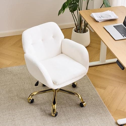 VINGLI Comfy Fuzzy Vanity Chair, Swivel Makeup Chair with Wheels, Upholstered Height Adjustable Armchair with Gold Base, Modern Ergonomic Desk Chair for Bedroom, Home Office, Pure White thumbnail 9