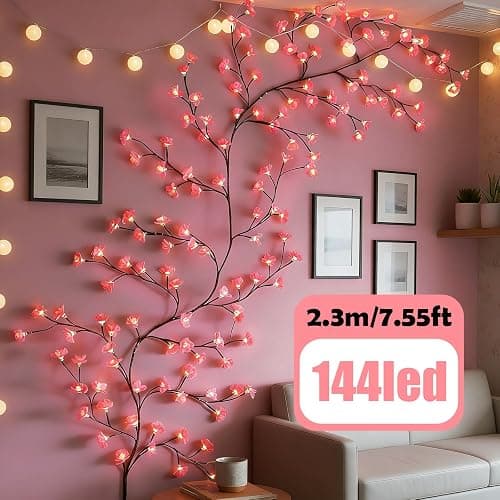Enchanted Cherry Blossom Vine Twig Lights,7.55ft Twinkling LED Tree Branch Fairy String Lights with 144 LED Lights and Remote,8 Lighting Modes,Christmas Indoor Decorations for Home Wall Door Window thumbnail 4