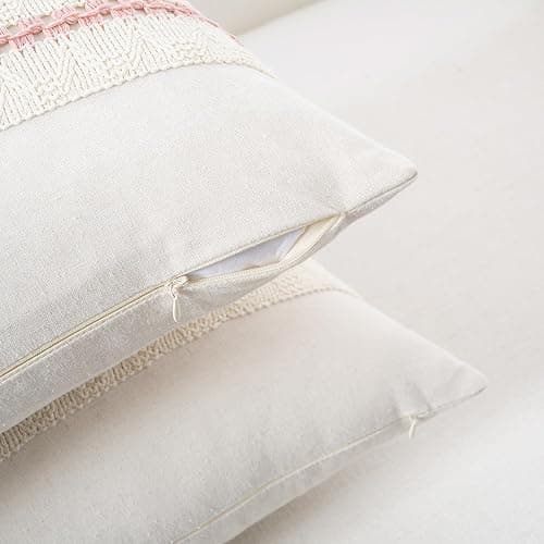 Fancy Homi Set of 1 Boho Pink Decorative Throw Pillow Cover 20x20 Inch for Couch Bed Sofa, Aesthetic Modern Organic Farmhouse Home Decor, Soft Cotton Cute Accent Macrame Woven Cushion Case thumbnail 3