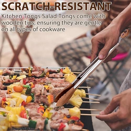 Wooden Tongs for Cooking & Serving Food, Stainless Steel Salad Tongs with Walnut Wood Tip, Anti-Slip Long Handle Wooden Kitchen Tongs Heat Resistant, Smooth Locking & Hanging Cooking Utensils Set of 2 thumbnail 5