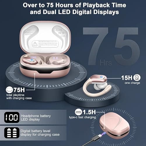 Wireless Earbud, 75H Bluetooth 5.4 Headphones Sport IP7 Waterproof, Running Wireless Earphones with ENC Noise Canceling Mic, 3D Bass Over Ear bud with Earhooks for Android, iOS, Workout, Gym, Rosegold thumbnail 4