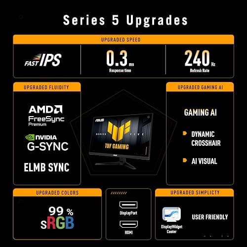 ASUS TUF Gaming Series 5 24.5” 1080P Monitor (VG259QM5A) – Full HD, Fast-IPS, 240Hz, 0.3ms, G-SYNC Compatible, FreeSync Premium, 99% sRGB, DisplayWidget, Gaming AI, 3 yr Warranty thumbnail 2