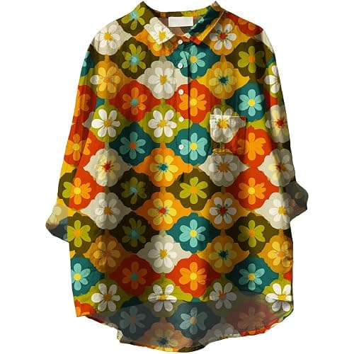 YABTF Womens 3/4 Sleeve T Shirts Geometric Whimsical Print Shirt Dressy Casual Half Button Collar Tunics Fall Top with Pocket - Image 1