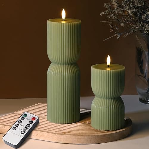 Girimax Olive Green Ribbed Flameless Pillar Candles with Remote, LED Candles Battery Operated Flickering Real Wax Set of 2 - Image 1