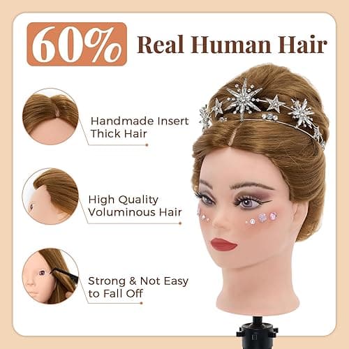 Mannequin Head with 60% Real Human Hair, 28 Inch Make up Cosmetology Manikin Practice Head with Hair,Braiding Hairdressing Doll Head for Hair Styling with Table Clamp + DIY Hair Styling Set - Blonde#27 thumbnail 4
