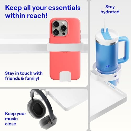BedShelfie Bedside Shelf for Dorm Room Bunk Bed & Top Bunk, College Dorm Room Essentials, Bedside Caddy, Clip on Floating Tray, Bed Side Table Storage, Loft Nightstand Decor - Dorm Essential, White thumbnail 4