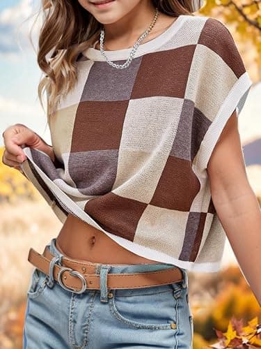 Girls Summer Sweater Vest Crop Tank Tops Cap Sleeve Colorblock Tee Shirts Cute Outfits Loose Kids Top thumbnail 4