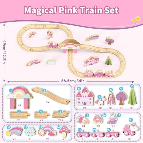 Lehoo Castle Wooden Train Set, Unicorn Train Set for Toddlers 2-4, Wooden Train Track Toddler Girl Toys Pink Train Toys for 3 4 5 6 Year Old Girl thumbnail 2