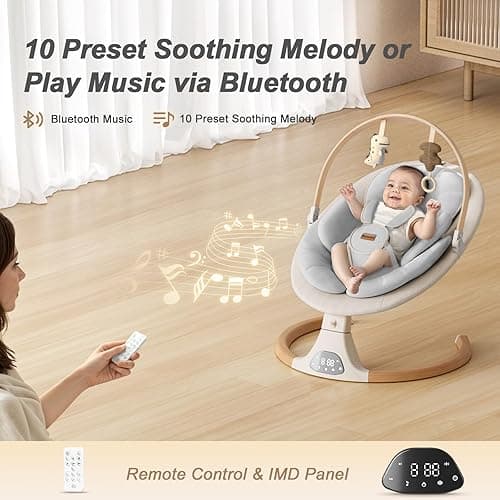 Baby Swings for Infants, Monamii Baby Swing, Bluetooth Infant Swing with Music Speaker, 5 Speeds and Remote Control, Indoor & Outdoor Use (Beige) - Beige thumbnail 6