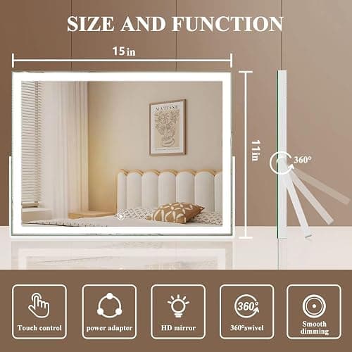 Gvnkvn Ligheted Vanity Mirror with Lights, 15" x 11" Travel LED Makeup Mirror, 3 Modes Light, Smart Touch Control Dimmable, 360°Rotation, Rectangle White Frame thumbnail 2