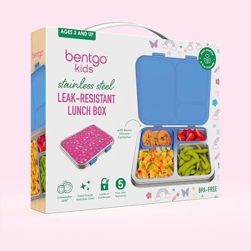 Bentgo Kids Stainless Steel Prints Leak-Resistant Lunch Box - 3-Compartments with Silicone Container, Durable, Eco-Friendly, Dishwasher Safe, BPA-Free, for School, Ages 3+ (Rainbows & Butterflies) thumbnail 9