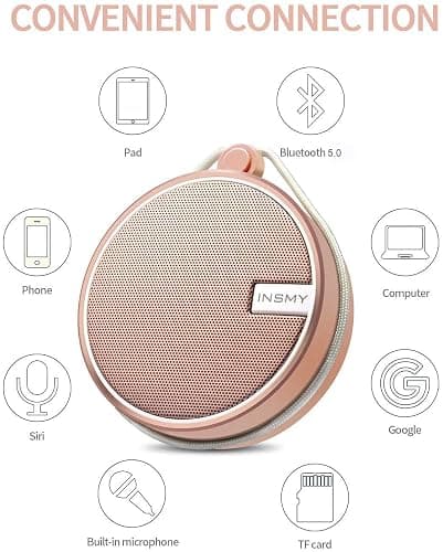 INSMY C12 IPX7 Waterproof Shower Bluetooth Speaker, Portable Small Speaker, Speakers Bluetooth Wireless Loud Clear Sound Support TF Card Suction Cup for Outdoor Kayak Canoe Beach Gift (Cashmere Pink) thumbnail 6