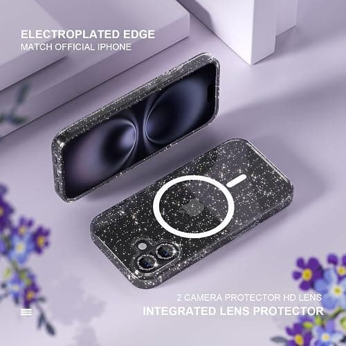 Choiche for iPhone 16 Plus Case Compatible with MagSafe, Glitter Black | Women Girly Cute Glitter Sparkly Magnetic Phone Case with Diamond Camera Lens Protectors, Military-Grade Drop Protection 6.7" thumbnail 4
