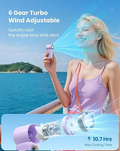 Gaiatop Portable Handheld Mini Fan, 6 Speeds 16900 RPM High Velocity Personal Fan with LED Display, USB Rechargeable, Mini Fan with Lanyard for Makeup, Travel, Outdoor, for Women Girl Gift, Purple thumbnail 4