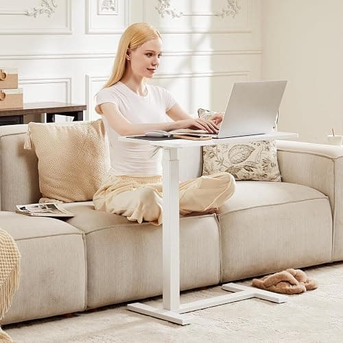 Sweetcrispy Overbed Bedside Table with Wheels, Adjustable Hospital & Home Use Bed Rolling Laptop Table, Mobile Standing Desk, White thumbnail 2