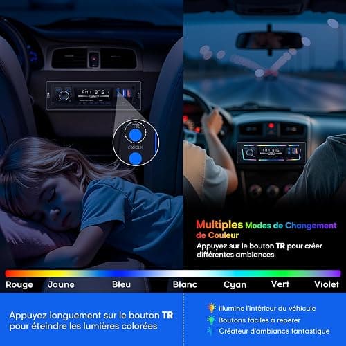 Autoradio Bluetooth RDS avec Port de Charge Type-C, Multi-éclairage Mode Lecteur,FM/AM 1DIN Autoradio 2 USB/MP3/AUX/carte SD/Réglages Audio DSP/EQ thumbnail 2