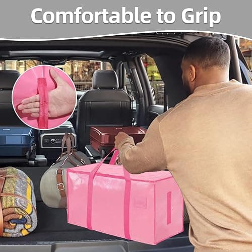 8 Pack-Extra Large Heavy Duty Moving Bags - Waterproof Storage Totes with Handles & Zippers, Foldable for College Dorm, Storage (Pink) thumbnail 6