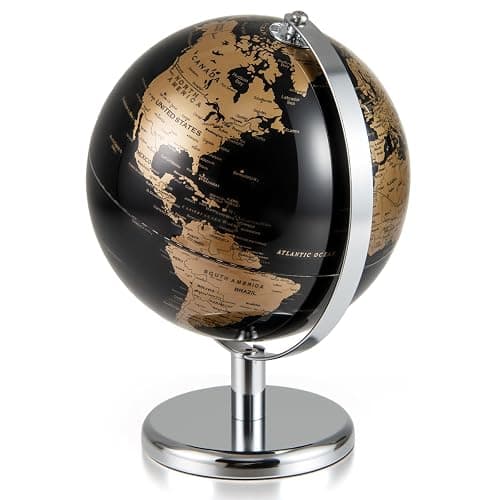 Toolsempire 8" World Globe, Black Earth Globe with Gold Accents, Metal Stand, Non-slip Base & Time Zone, Decorative Tabletop Desk Globes for Classroom, Office & Home - Image 1