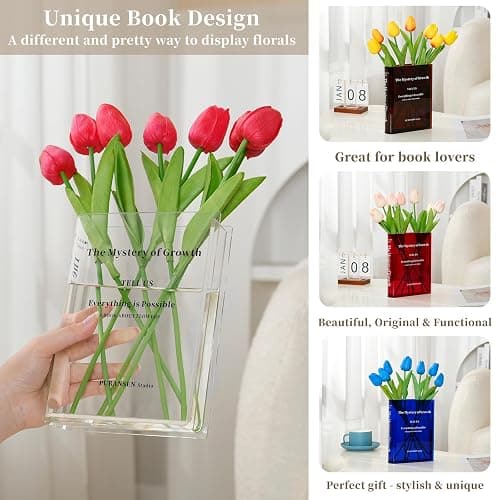 Puransen Clear Bookend Vase for Flowers - Aesthetic Room Decor for Modern Home/Office, Minimalist Shelf Organizer with Floral Display, for Book Lovers & Interior Design Enthusiasts thumbnail 4