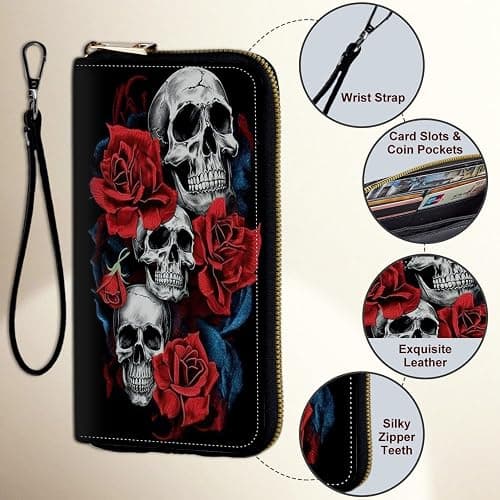 Mxfdegf Wristlet Wallet for Women Teen Girls RFID Blocking Credit Card Holder with Removable Wristlet, Leather Phone Wallet Clutch Large Capacity Ladies Travel Purse-Floral Flower Rose Skull thumbnail 6