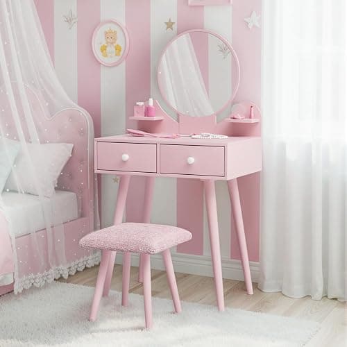 Arlopu Kids Vanity Table and Chair Set, 2 in 1 Toddler Makeup Dressing Desk with Detachable Large Mirror and Stool, Drawers, Princess Wooden Pretend Play Toys for Little Girls (Pink) - Image 1