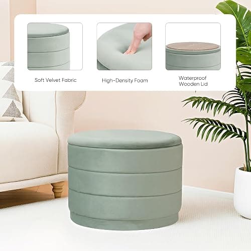 ZOLANOful 23" Round Velvet Storage Ottoman with Reversible Lid, Soft Padded Footrest and Hidden Storage, Large Upholstere Tray Top Ottoman Footstool for Living Room, Bedroom, Entryway, Sage Green thumbnail 5