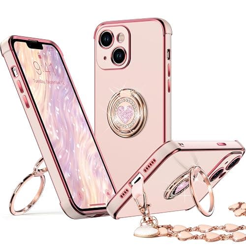 XYZ for iPhone 14 Case with Stand, Phone Case with Double Ring Kickstand, Women Girls Bling Luxury Protective Case Heart for iPhone 14, Pink - Image 1