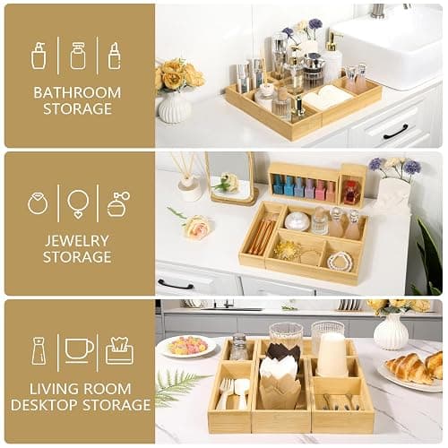 JPPSUJJ 5 Pack Bamboo Drawer Organizer Set, Multi-Use Junk Drawer Organizer for Bathroom, Kitchen, Office, Jewelry, Makeup thumbnail 6