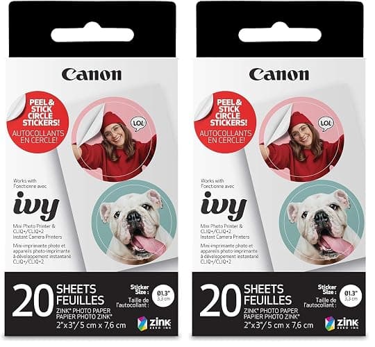 Canon Ivy Zink Pre-Cut Circle Sticker Paper, 20 Sheets (Pack of 2) - Image 1