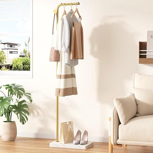 HOMEFORT Metal Coat Rack, Modern Coat Tree with 3 Hooks, L Shaped Coat Hanger Stand, Freestanding Coat Rack for Entryway and Corner, Gold thumbnail 7