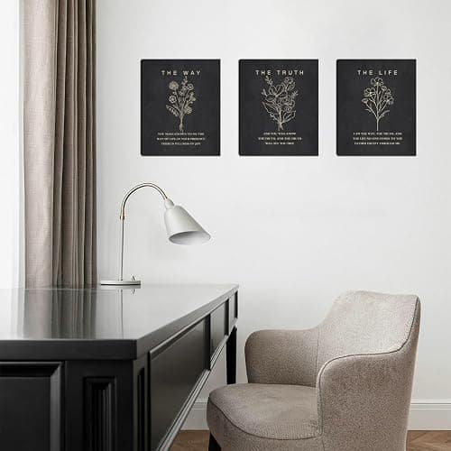 KAIRNE Framed Boho Floral Christian Bible Verse Canvas Wall Art Set,12”*16”Inch The Way The Truth The Life Scriptures Poster Black Minimalist Botanical Flower Bible Wall Decor for Living Room Bedroom thumbnail 4