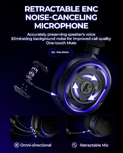 Wireless Gaming Headset, 7.1 Surround Sound, 2.4GHz USB Gaming Headphones with Bluetooth 5.4, 100H Battery, ENC Noise Canceling Mic, RGB Light, Wireless Headset for PC PS5 PS4 Mac Switch (Black-Blue) thumbnail 5