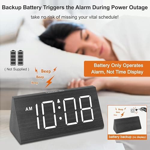DreamSky Wooden Digital Alarm Clocks for Bedrooms - Electric Desk Clock with Large Numbers, USB Port, Loud Alarm for Heavy Sleepers, Adjustable Volume, Dimmer, DST, Wood Décor Gifts, Adapter Powered thumbnail 5