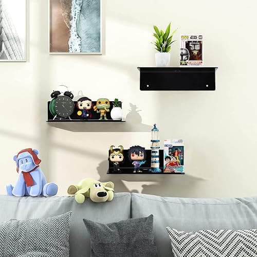 luium 9 Inch Acrylic Floating Shelf No Drill Adhesive Wall Shelf Set of 4 for Funko Pop Storage, Floating Shelves Damage-Free Expand Wall Space for Living Room, Bathroom, Gaming Room, Office - Black thumbnail 6