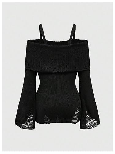 SOLY HUX Women's Cold Shoulder Ripped Sweater Goth Punk Long Sleeve Fitted Jumper Pullovers thumbnail 2
