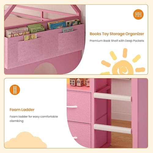 BTHFST Twin Size Loft Bed for Kids, 8 Storage Drawers & LED Lights, House Shaped Metal Bed with Bookcase, Soft Foam Ladder, 13.4" Safety Guardrail, Space Saving, Fun Curtain thumbnail 7