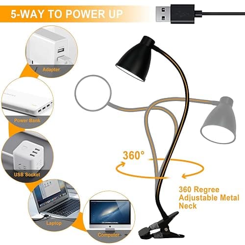 BOHON Desk Lamp 5 Color Modes 10 Brightness Dimmer Reading Light 10W 38 LED Clamp Lamp with Auto Off Timer 360° Flexible Neck Clip on Light for Bed Bedside, AC Adapter Include thumbnail 8