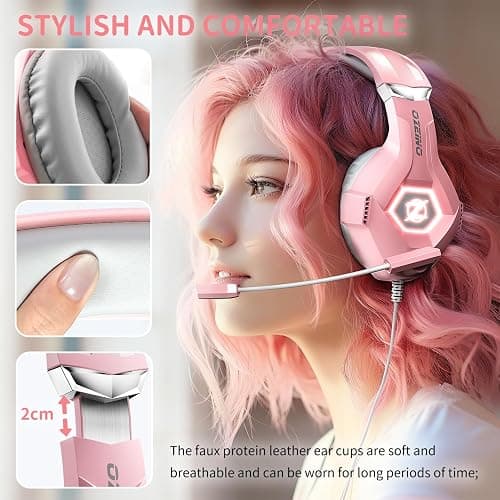 Ozeino Gaming Headset for PC, Ps4, Ps5, Xbox Headset with 7.1 Surround Sound, Gaming Headphones with Noise Cancelling Mic RGB Light Over Ear Headphones for Xbox Series X/S, Switch-Pink thumbnail 2
