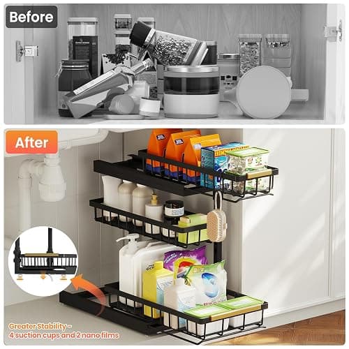Under Sink Organizer and Storage for Bathroom and Kitchen - 2 Pack 3 Tier | Under Cabinet Pull Out Shelf Organizers - Slide Out Drawer Organization for Home Cabinets Shelves and Drawers thumbnail 3