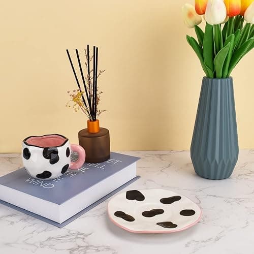 Koythin Cow Mug, Ceramic Coffee Mug with Saucer Set, Cute Cup Unique Irregular Design for Office and Home, Dishwasher and Microwave Safe, 10oz/300ml for Latte Tea Milk (Small Cow) - Small Cow thumbnail 2